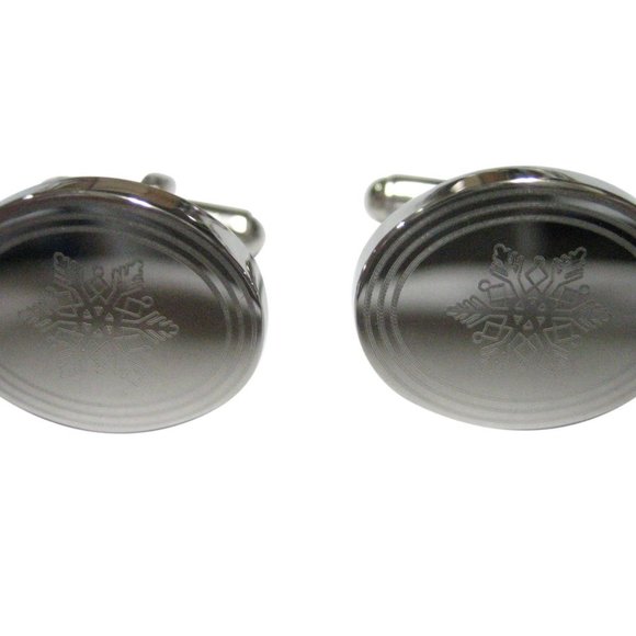 Silver Toned Etched Oval Snowflake Cufflinks - Picture 1 of 2